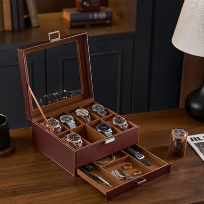ProCase Watch Case, 8 Slot Mens Watch Box with Drawer -Espresso | 2-Layer Jewelry Box Display Case Holder Organizer for Men, Clear Lid, Dad Friend Father Anniversary Christmas Birthday Gift