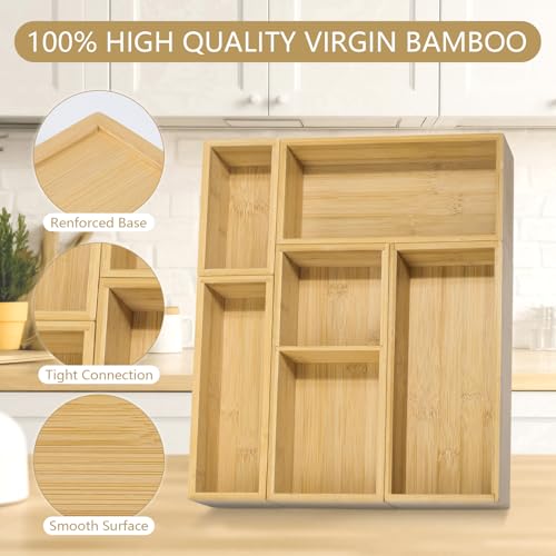 5 Pack Bamboo Drawer Organizer Set, Multi-Use Junk Drawer Organizer for Bathroom, Kitchen, Office, Jewelry, Makeup