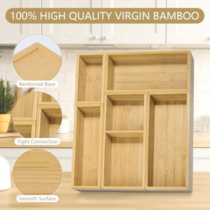 5 Pack Bamboo Drawer Organizer Set, Multi-Use Junk Drawer Organizer for Bathroom, Kitchen, Office, Jewelry, Makeup