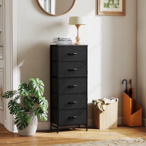 OLIXIS Tall 5 Drawer Fabric Dresser Storage Tower Bedroom Organizer, Black | Storage Unit with Removable Bins, Chest of Drawers with Sturdy Steel Frame, Tall Dressers for Closet, Living Room, Entryway
