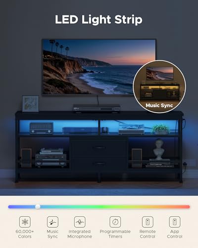 63 Inch TV Stand, Entertainment Center for 55 to 75 Inch TVs with LED Lights & Removable Charging Station, Modern Media Console Table with Open Storage Shelves & Fabric Drawers, Black