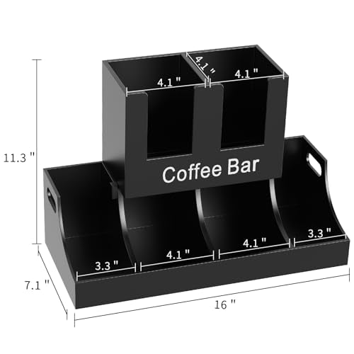 Coffee Station Organizer, Wooden Coffee Bar Organizer for Countertop, Condiment and Cup Storage Organizer, Bar Accessories for Kitchen, Office, Home, Black
