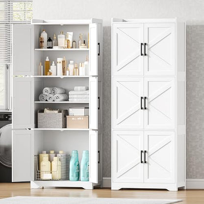 Tall Bathroom Floor Cabinet with 6 Barn Door 60.2''H Pantry White | 11.6''D x 22.6''W Linen Storage Cabinet with Adjustable Shelves, for Kitchen, Living Room, Entryway