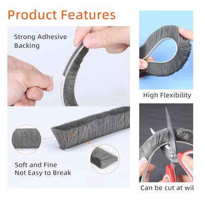 33 Feet Brush Weather Stripping,Door Brush Seal Strip,Door Soundproofing Strip,Window Noise Blocker,Self Adhesive Draft Blocker,Dust Stopper Winter,Grey,0.6in Brush x 0.35in Backing
