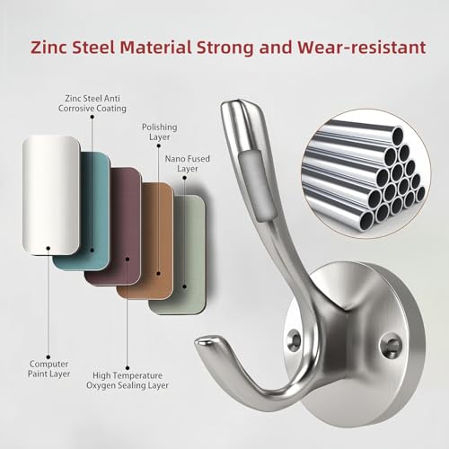 Towel Hooks for Bathrooms Silver Wall Hooks 2 Pack Brushed Nickel Coat Hooks Heavy Duty Towel Wall Hooks for Coats Robes Hats Bath Entryway Cubicle Kitchen Screw in Brushed Nickel Towel Hooks