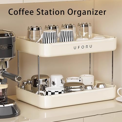 UFORU Countertop Coffee Station Organizer,Cup Rack,Mug & Wine Glass Holder | 2-Tier Cream White Mug Shelf with Removable Drain Tray,Bathroom Countertop Organizer,Spice Rack for Kitchen
