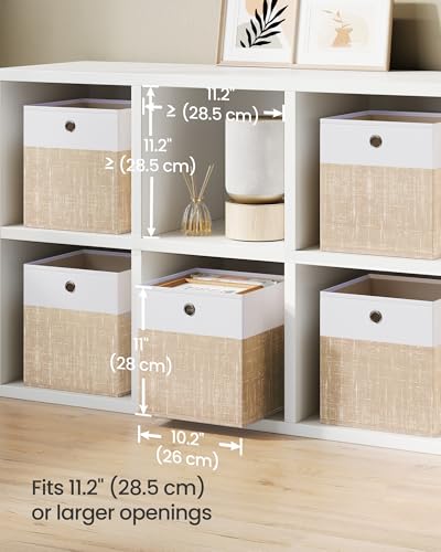 SONGMICS Storage Cubes, Set of 6 Foldable Fabric Storage Boxes, Cube Organizer Boxes with Handles, for Closet Shelves, Odorless, 10.2 x 10.2 x 11 Inches, Cloud White and Sand Beige URFB426LF02