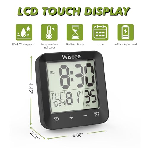 Waterproof Shower Clock Bathroom Timer, Digital Wall Clock | with Countdown, Temperature Display, Calendar, Suction Cup for Kitchen Spas, Cooking and Baths, Battery Operated