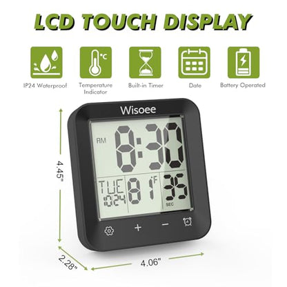 Waterproof Shower Clock Bathroom Timer, Digital Wall Clock | with Countdown, Temperature Display, Calendar, Suction Cup for Kitchen Spas, Cooking and Baths, Battery Operated