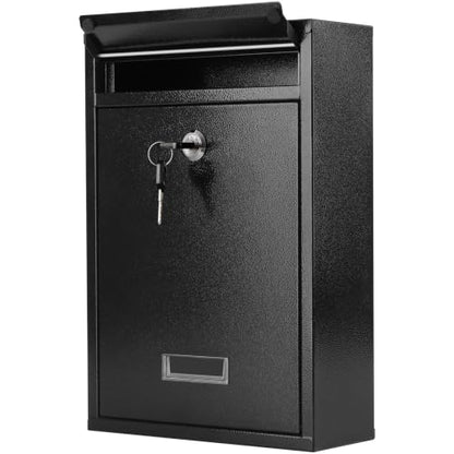 KYODOLED Mailbox for Outside, Wall Mount Locking Mailbox, Security Drop Box with Key Lock for Letters, Cash, Cards, Steel Mail Box for House Office School, 12.4H x 8.54L x 3.35W Inches, Black