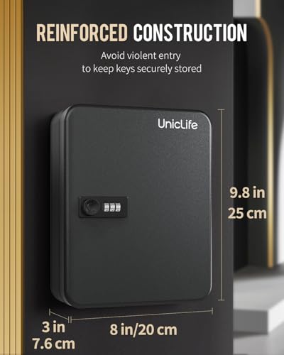 Uniclife 28-Key Steel Key Cabinet, Black Key Box with Combination Lock | Resettable Digital Security Storage Box, Wall-Mounted Key Organizer with Colorful Key Tag Labels for Schools and Companies