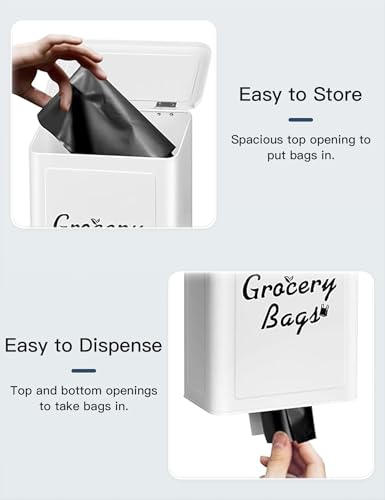 Metal White Magnetic Grocery Bags Holder, Farmhouse Wall Mount Plastic Bag Holder with 50pcs Shopping Bags, Trash Bag Dispenser for Kitchen, Garage, Laundry Room