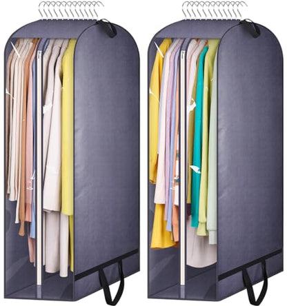 10" Gusseted Clear Garment Bags for Hanging Clothes Storage, 43" Suit Bags for Closet Storage with Handles, Garment Covers for Coats, Jackets, Sweaters (2 Packs, Grey)