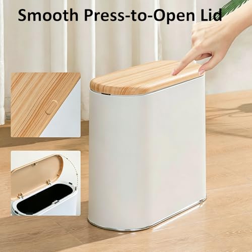 Small Bathroom Trash Can with Lid 2.6 Gallon, Slim Plastic White | Wastebasket, Odor & Pet Proof, Inner Bucket & Faux Wood Grain Top, For Kitchen, Bedroom, Living Room, Office, RV