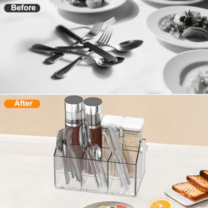 Acrylic Utensil Caddy.Silverware Organizer For Picnic Party | Heavy-Duty Utensils and Paper Plate Holder for Spoons,Forks,Knives Napkins,Plates,Space-Saving Table,Buffet & Party Essential