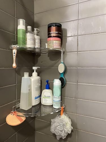 JiePai Adhesive Acrylic Corner Shower Caddy 2 Pack, Rustproof Bath Shelf | Thick clear acrylic, rustproof & mildew resistant. No-drill adhesive mount for corner. For shower, kitchen or bathroom