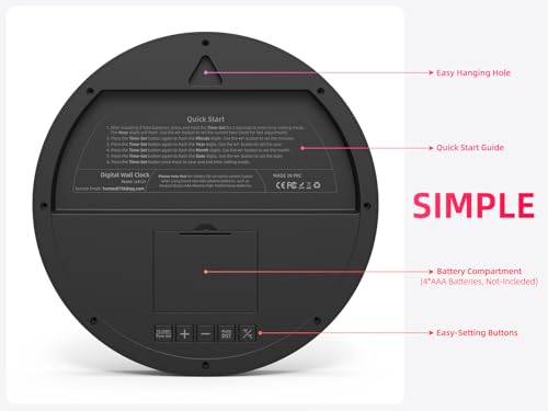 Digital Wall Clock Battery-Operated, 8 Inch Small Decorative Modern Wall Clock with Date, Temperature, Auto-DST, Silent Electric Wall Clock for Bedroom, Living Room, Kitchen, Office, Farmhouse -Black