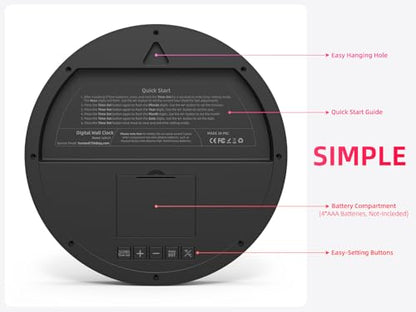 Digital Wall Clock Battery-Operated, 8 Inch Small Decorative Modern Wall Clock with Date, Temperature, Auto-DST, Silent Electric Wall Clock for Bedroom, Living Room, Kitchen, Office, Farmhouse -Black
