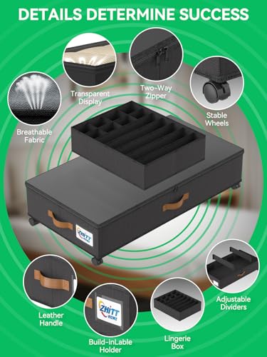 Under Bed Storage with Wheels, Under the Bed Storage Containers Lids | 2-Pack 58L & 1-Pack 15L Box, Organizer Bins Rolling Underbed Storage for Clothes, Underwear, Socks, Shoes