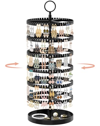 iDavosic.ly 6 Tier Rotating Earring Holder Organizer, Metal Tray, Black | Space Saving Display Stand Tree, Large Capacity Storage Rack with 342 Plastic Grooves, Adjustable for Long Dangle Hoop & Stud
