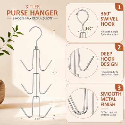 2 Pack Purse Hanger, Purse Organizer for Closet, Holds 12 Bags | Metal Hanging 12 Hooks Handbag Holder for Bag Storage, 360° Rotating Design Keeps Purses Visible and Easy to Access, Silver