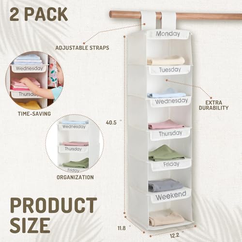 2 Pcs Heavy Duty 6 Shelf Weekly Hanging Closet Organizer for Kids Days of Week Clothing Organization Labeled Monday to Friday Clothes Divider for Weekday Weekend School Outfits