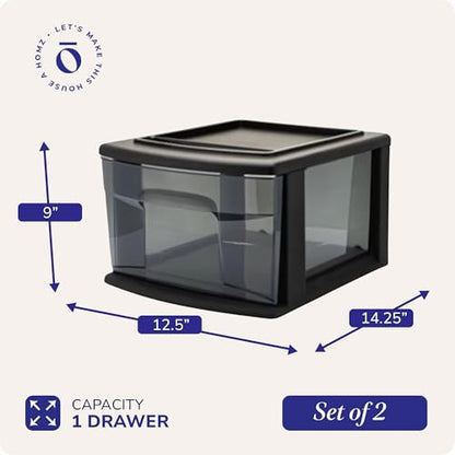 HOMZ 1 Drawer Storage Cart, Medium Plastic Container, Black Frame, 2 Pack | 14.25" Wide Medium Tote with 1 Smoke Tint Drawer for Organizing Bathrooms, Bedrooms, Home Offices, Closets, and Dorm Rooms