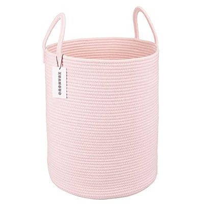 XUANGUO Cotton Rope Laundry Basket Hamper for Girls Kids Baby Nursery Pink | Large Nursery Hamper Bin and Woven Storage Basket for Living Room Girls Room Boho Tall Rope Baskets for Blankets Toys