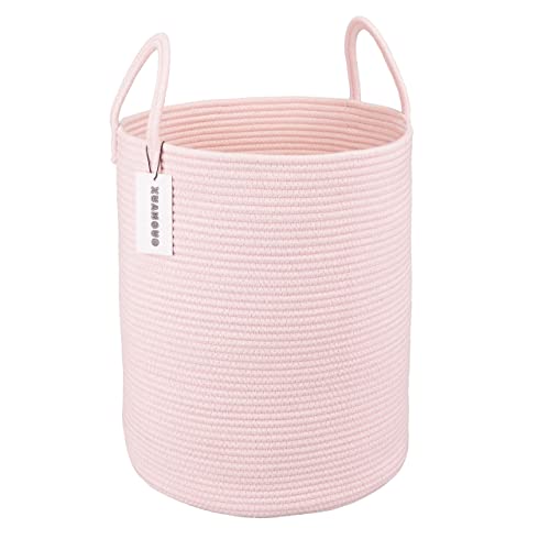 XUANGUO Cotton Rope Laundry Basket Hamper for Girls Kids Baby Nursery Pink | Large Nursery Hamper Bin and Woven Storage Basket for Living Room Girls Room Boho Tall Rope Baskets for Blankets Toys