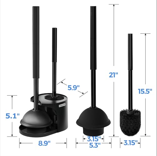 2Pack 2 in 1 Toilet Brush and Plunger Set, Extende... (2 Count | Black | Plastic)