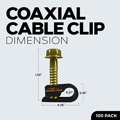 Coaxial Cable Clips with Pre-Inserted Screw (100 Pack) – Black Single Cable Mounting Clamps for Coax Cable (RG6, RG59) and Ethernet Cable – Cord Fastener/Strain Relief Clip