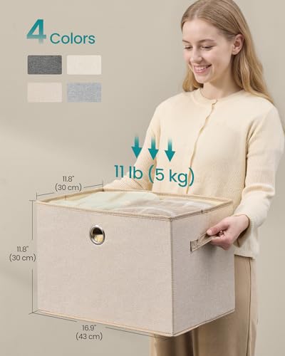 SONGMICS Large Storage Bins with Lids, 3 Pack Foldable Storage Boxes | 3 Pack Foldable Storage Boxes, 41 Quart Fabric Closet Organizer, 16.9"L x 11.8"W x 11.8"H, Summer Sand URFB545LF01
