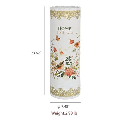 Vintage Metal Round Umbrella Holder Decorative Flower Design Umbrella Stands Entryway Organizer Bucket for Home/Office/Farmhouse - Holds Multiple Umbrellas, Walking Sticks & Canes Flower White