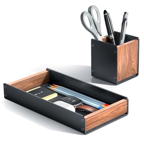 UPERGO Desk Organizer Tray Pen and Pencil Holder Set | Solid Walnut, Aluminum Accent, for Desk & Office Decor, Aesthetic Desk Accessories for Men