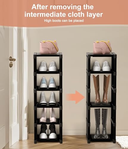6-Tier Narrow Shoe Rack, Vertical Small Space Shoe Organizer, 9.84" Compact Slim Shoe Shelf for Closet & Entryway, Sturdy & Tool-Free Assembly, Adjustable Height for Boots