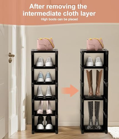 6-Tier Narrow Shoe Rack, Vertical Small Space Shoe Organizer, 9.84" Compact Slim Shoe Shelf for Closet & Entryway, Sturdy & Tool-Free Assembly, Adjustable Height for Boots