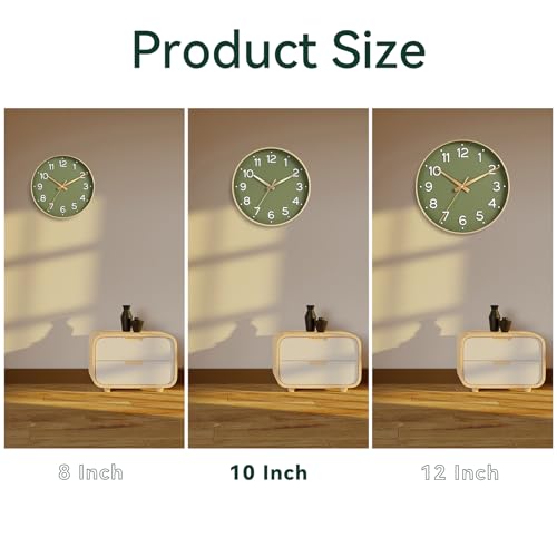 Roymnie 10 Inch Wall Clock Battery Operated Silent Non Ticking Green Analog | Green & gold modern analog; large 3D easy-read dial for kitchen, office, bathroom & bedroom; 1 AA battery (not included)