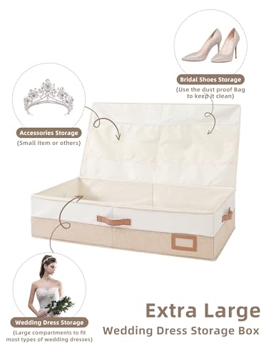 Wedding Dress Storage Box, Large Wedding Dress Preservation Box with 5 Cedar Wood Blocks, 30 Sheets of Acid-Free Tissue Paper, Microfiber Gloves, and Dust-Proof Bag-Beige&Linen Color