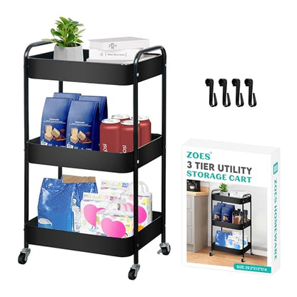 ZOES HOMEWARE 3 Tier Metal Rolling Cart on Wheels,Heavy Duty Utility Cart | Sturdy 3 Tiered Rolling Storage Cart With Hooks, Great For Craft, Art Workspace, Kitchen ,Snack And Office Storage, Black