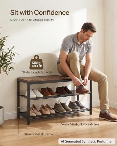 HOOBRO Shoe Bench, 3-Tier Shoe Rack, Industrial Shoe Organizer Storage Bench, 29.5 inches Entry Bench with Mesh Shelves, for Entryway, Living Room, Hallway, Easy Assembly, Rustic Brown BF75HX01