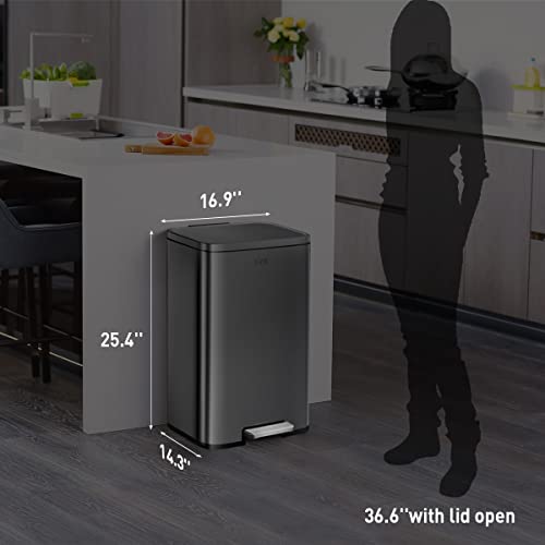 EKO Madison Matte Black Stainless Steel 13.2 Gal/50L Kitchen Step Trash Can or Recycling Bin, Removable Inner Liner, Soft Close Lid, Fingerprint Resistant Finish