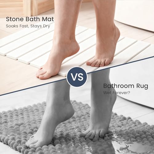 Meowoo Foldable Stone Bath Mat, 15.7"x11.8" Diatomaceous Earth Bath Mat, Non-Slip Quick Dry Bathroom Floor Mats, Super Absorbent, Easy to Clean, Stone Bathroom Floor Mats for Bathtub Front - White