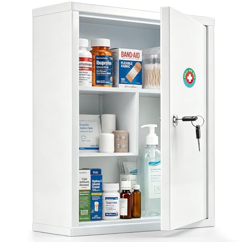 KYODOLED Wall Mount Locking Medicine Cabinet, Large Capacity First Aid Cabinet for Bathroom, Medicine Cabinet with Key, Secure Steel Lock Box for Medication, 15.75" H x 11.82" W x 4.72" D, White