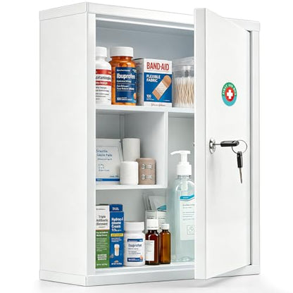 KYODOLED Wall Mount Locking Medicine Cabinet, Large Capacity First Aid Cabinet for Bathroom, Medicine Cabinet with Key, Secure Steel Lock Box for Medication, 15.75" H x 11.82" W x 4.72" D, White