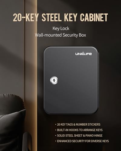 Uniclife 20 Position Key Cabinet with Key Lock Wall Mounted Black Security Storage Box Steel Key Organizer with Colorful Key Tag Labels Stickers and Hooks