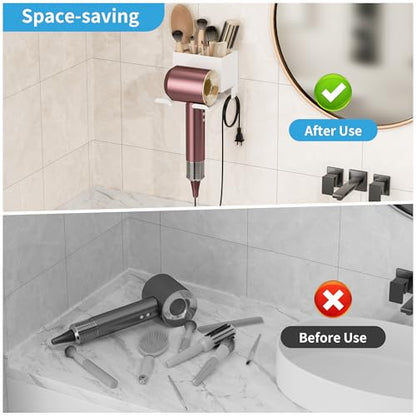 Hair Dryer Holder, White Blow Dryer Holder, 2 Installation Options | Hair Dryer Wall Mount for Bathroom, Space Saving Hair Dryer Storage with Hook, Adhesive and Screw Mounting