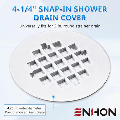 2 Pack 4-1/4 Snap in Shower Drain Cove White,PVC Plastic | Round Strainer Drain Grid, Bathroom Shower Grate Cap Replacement for Hair Catcher