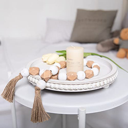 HPC Decor 12in Round Wood Tray - White, Distressed, Farmhouse Rustic - Decorative Tray for Living Room, Coffee Table, Kitchen Table or Farmhouse Serving Tray