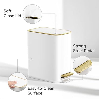 TIPGO Small Bathroom Trash Can with Lid Soft Close, Step Pedal, 5 Liter / 1.3 Gallon Stainless Steel Trash Bin, Slim Garbage Cans for Toilet, Office, Bedroom (White)
