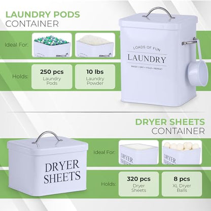 Metal Laundry Detergent Container Set for Powder, Pods and Dryer Sheets, 2 Galvanized Canisters with Scoop, Airtight Silicone Gasket Lids, 10 lb Capacity, White